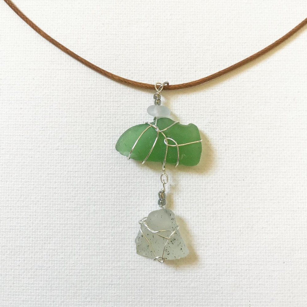 Emerald & Light Green Sea Glass Necklace Mermaid Boho Ocean Surf Bohemian Coast